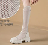 Women Summer Knee-high Mesh High Boots Female Breathable Platform Mesh Lace-up Knight Boots Thick Heel Hollow Long Knight 2025