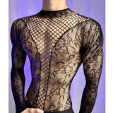 New American Style Fashion Men Vests Tops Crew Neck Sexy Hollow  Mesh Bodysuit Casual  Long Sleeve Tank Clubwear Party Costume