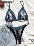 Sexy Splicing Striped Bikini Female Swimsuit Women Swimwear Two-Pieces Bikini Set High Cut Bather Bathing Suit Swim Lady V3199