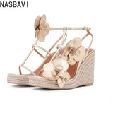 Flower Square Toe High-Heeled Shoes for Women, Slope Heels, Summer Gold One-Piece Sandals High-End Grass Woven Sandals for Women