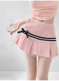Striped Contrasting Color Bow Lace Splicing Pleated Skirt Women 2026 Summer American Style Low Waist  A-line Short Skirt UBFK