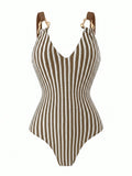 Vintage Black Striped Swimwear Skirts Set Women 2026 Metal Buckle Strap V Neck Slimming Bathing Suit Holiday One Piece Swimsuit