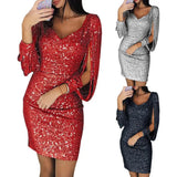 Bodycon Mini Dress Gown Mini Dress 2025 Party Dress Women Glitter V Neck Hollow Out Tassel Long Sleeve