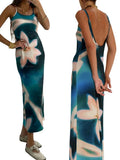 Summer Tie-Dye Floral Print Backless Party Dress Women Sleeveless Spaghetti Strap Sexy Bodycon Dress for Vacation Cocktail Beach