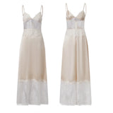 2026 Summer Women's Lace Patchwork Satin Dress Sleeveless Spaghetti Strap V Neck Long Dress Retro Sexy Elegant Dresses