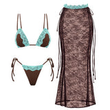 Fashion Lace Patchwork Trangle Bikini And Skirt Women 3Pcs Swimsuit Sexy Lace Up Bikini Set Swimwear Beachwear Summer Glamour