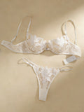 White embroidered print pajama set - A set featuring a floral design suitable for women, a sexy bra ZA824031