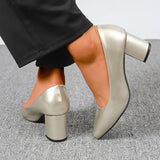Plus Size 42 Pointed Toe Thick Heels Pumps Women Slip On Pu Leather High Heels Shoes Woman High Heeled Office Party Shoes Ladies