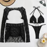 Toucheart Sexy Lingerie Suit for Women Mesh Four-piece Beach Swimsuit Sexy Bikini Solid Color Long Sleeves Mesh See-through Set