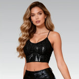 Black Rhinestone Camisole for Women Sexy Slim Fit Seamless Backless Short Top Night Out Clubwear