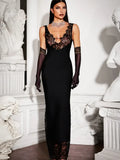 Ahagaga Lace Women's Party Maxi Dresses Solid Skinny V-Neck See Through Camisole Blackless Bodycon Sleeveless Vestidos Robes