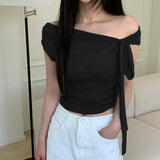 Korean Style Solid Color Women's Top Casual Slash neck Crop Top Fahionable Slim Fit White Tee Lady Summer Night Out Dress up