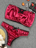 Women's Sexy Lingerie Set Black Lace Trim Strapless Tube Top + Shorts Solid Color Outfits Chest Wrap Backless Crop sleepwear