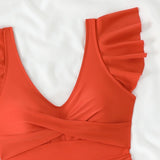 2026 Sexy Ruffle Swimsuit One Piece V-neck Drawstring Swimwear Women Bathers Bathing Swimming Swim Suit Female Beachwear XXL