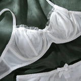 2Pcs Bra & Brief Set for Women Sexy White Ruffle Mesh Perspective Bow Patchwork Bra Bilizna Set Underwear Ultra Thin Intimate