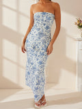 Women's Summer Sleeveless Strapless Long Dress Stylish Floral Print Sleeveless Tube Bodycon Dresses