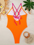 V Neck Wrinkled Ribbed Cross Backless One Piece Swimsuit Women Swimwear Female High Leg Cut Monokini Bather Bathing Suit Swim