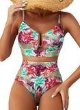 Women Sexy Floral Bikini High Waist Tummy Control Floral Bikini U Line Cross Back Padded Bikini Two Piece Beach Swimsuit