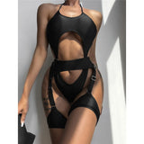 Sexy Tummy Cut Out Halter With Garter One Piece Swimsuit Women Swimwear Female High Leg Cut Bather Bathing Suit Swim Lady V4415