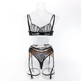 Toucheart4PCS Lace Golden Embroidery Sexy Underwear Set Slim Exposed Navel See-through Hollow Out Interesting Steelring Bralette