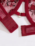 Ladies' wine red heart-shaped design embroidered semi transparent comfortable breathable underwear set, suitable ZA825026