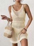 S - XL V Neck Hollow Out Crochet Knitted Tunic Beach Cover Up Cover-ups Beach Dress Mini Beach Wear Beachwear Female Women V7048