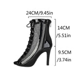 Plus Size Women Patent Leather Mesh Spliced Ankle Boots Back Zipper Peep Toe Lace Up Stiletto High Heels Hollow Out Summer Booti