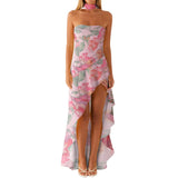 Women Summer Casual Tube Dress Fashion Solid Color/Floral Print High Low Ruffles Long Dresses with Scarf