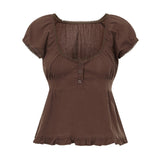 Summer Women Short Sleeve T-shirt Solid Color Low-necked Pleated Hem Casual Tops Y2K Retro Shirts