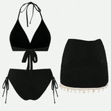 Vintage Black Starfish Shell Ornament Bikini Set 2026 Women Tassel Skirt 3 Piece Swimsuit Summer Bathing Suit Holiday Swimwear