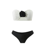 sexy 3d flower bandeau bikinis sets 3pcs with long mesh split skirt black white patchwork swimsuit bathing suit beach outfits