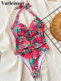 Printed Halter V Neck With Bra Cup One Piece Swimsuit Women Swimwear Female Monokini High Leg Cut Bather Bathing Suit Swim V5739