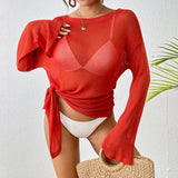 Sexy Long Sleeve See Through Top  Mesh Sheer Tunic Beach Cover Up Cover-ups Beach Dress Beach Wear Beachwear Female Women V3557