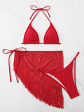 3 Pieces Triangle String Bikini 2026 Women & Tassel Beach Skirt Swimwear Female Sexy Swimsuit Beachwear Bathing Swimming Suit
