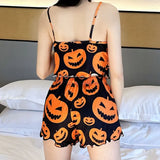 Sexy Halloween Pajamas Pumpkin Print Pajama Sets Suspender 2-piece Sleepwear Set Women's Pajamas European and American Home Wear