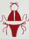 2025 Halter Tie Side Hollow Out Smocked Bikini Women Swimsuit Female Swimwear Two Pieces Bikini Set Swim Bathing Suit Beach Wear