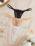 3Pcs/Set Women Sexy Floral Lace Thong Panties Low Waist Hollow Lace Sexy Lingerie Adjustable Thin Strap Underwear