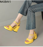 NASBAVI Women Patent Leather Sandals Super Chunky High Heeled Ankle Buckle Shoes Platform Summer Thick Heel Sandal Ladies 35-43
