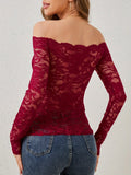 European and American elegant scalloped neckline, off-the-shoulder lace slim fit T-shirt long-sleeved top