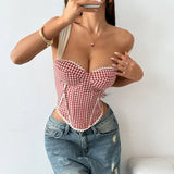 Retro French Jacquard Red Plaid Camisole 2026 Women Sexy Lace Trim Spliced Off Shoulder Chest Wrapped Fishbone Chest Party Tops