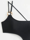 Asymmetric One Shoulder Mesh Skirt One Piece Swimsuit Women Thong Swimwear Female Metal Ring Monokini Bathing Suit Beachwear