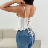 Fashion Lace Trim Tied Rope Fishbone Vest Women Summer Beige Floral Print Sweet Waist Cinched Ruffle Tank Top Club Party Corset