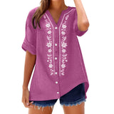 Womens V Neck Embroidered Linen Tunic Shirt Roll Up Sleeve Button Down Loose Fit Casual Boho Blouse Vintage Summer Beach Shirts