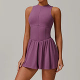 Women Front Zipper Tennis Dress Fake Two-piece Pieces Stand Up Collar Slim Fit Soft Sports Sets Fitness Pocket Skorts Yoga Suits