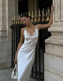 Women's Fashion Casual Style Satin Ice Silk Strap V-Neck Dress Pure Desire Dress Elegant White Satin Lace Trim Dress Party 6TFA