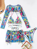 Long Sleeve Printed Halter Bikini Female Swimsuit Women Swimwear Four-pieces Bikini Set with Mesh Skirt Bathing Suit Beach Wear