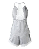 Summer Crochet Lace 2 Pieces Pajamas Set for Women Sleepwear Sleeveless V-Neck Tops and Shorts Casual Suit