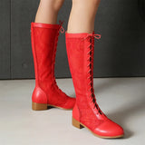 2026 Plus Size 48 Black Flower Mesh Lace Knee High Boots Women Breathable Square Heels Red White Summer Boots Shoes Zipper