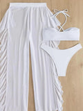3 Piece Halter Cross Bikini Swimsuit & Sexy Thin Pants Swimwear Women 2026 Solid Bathing Swimming Swim Suit Female Beachwear
