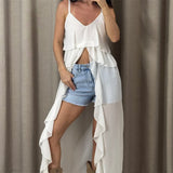 Summer Women Irregular Long Camisole Top Casual Ruffles Split V-Neck Spaghetti Straps Tank Tops Sleeveless Shirts